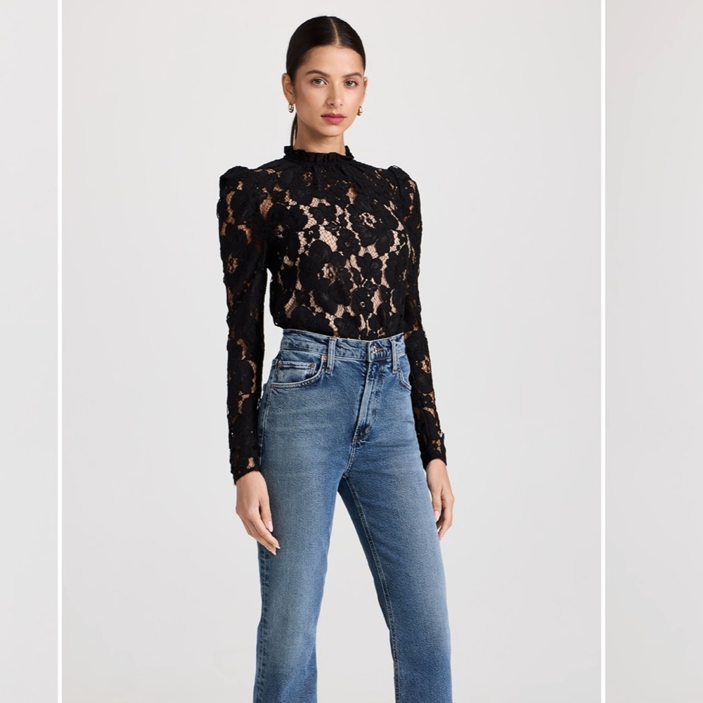 Wayf Emma Black Lace Puff Sleeve Long Sleeve Lace Blouse NWOT